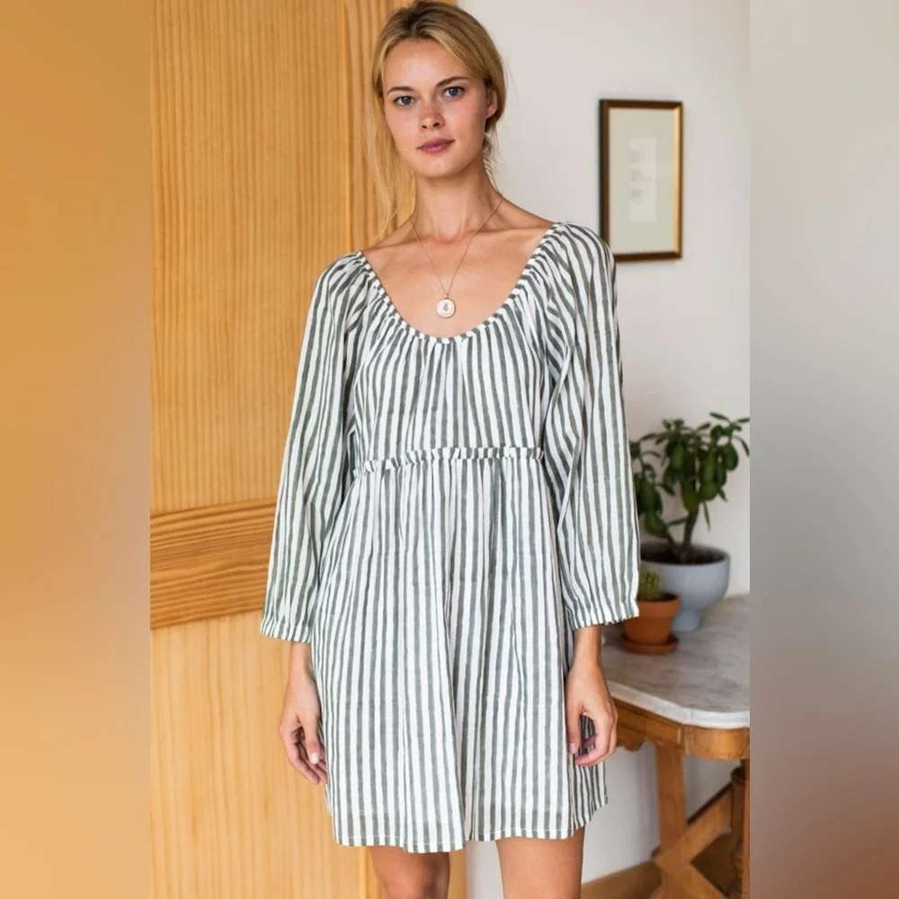 Emerson Fry Jasmine Dress Moss Green White Stripe Organic Cotton Mini Small EUC